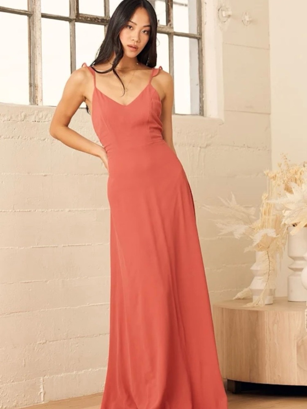 Lulu’s Small Meteoric rusty rose strappy open back flowing maxi dress